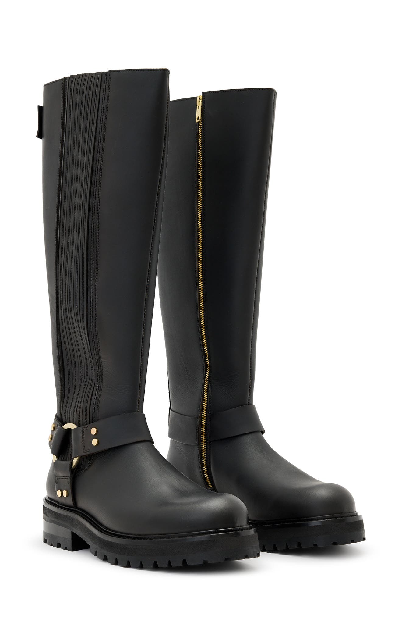 AllSaints Maddie Knee High Moto Boot, Main, color, Black