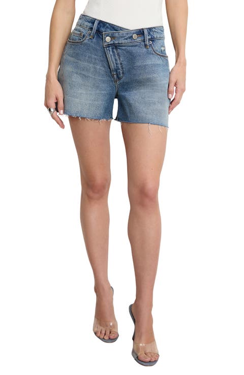 Good Girlfriend Raw Hem Crossover Waist Denim Shorts (Indigo 804) (Regular & Plus)