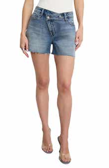 Good American Good Girlfriend Raw Hem Crossover Waist Denim Shorts