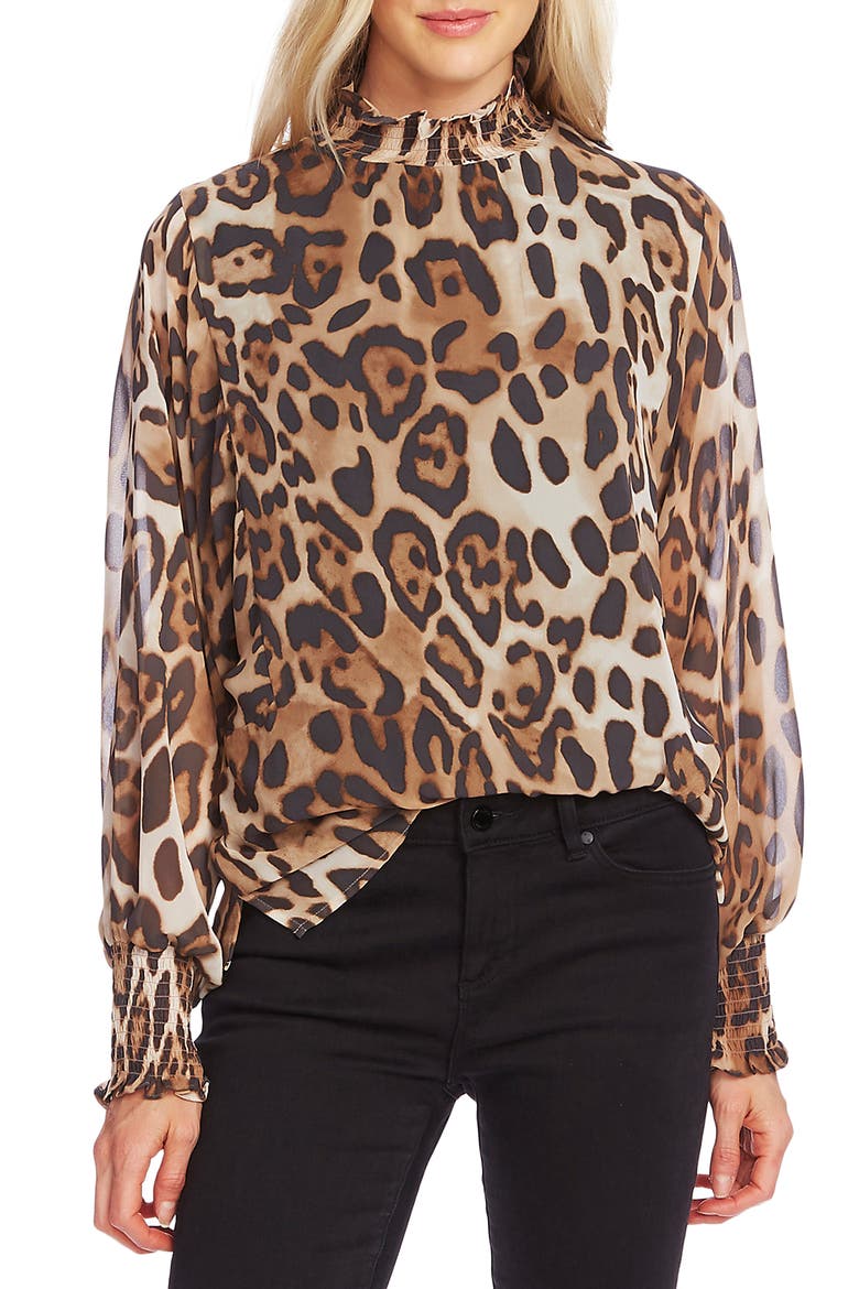 Leopard Print High Neck Blouse, Main, color, RICH BLACK