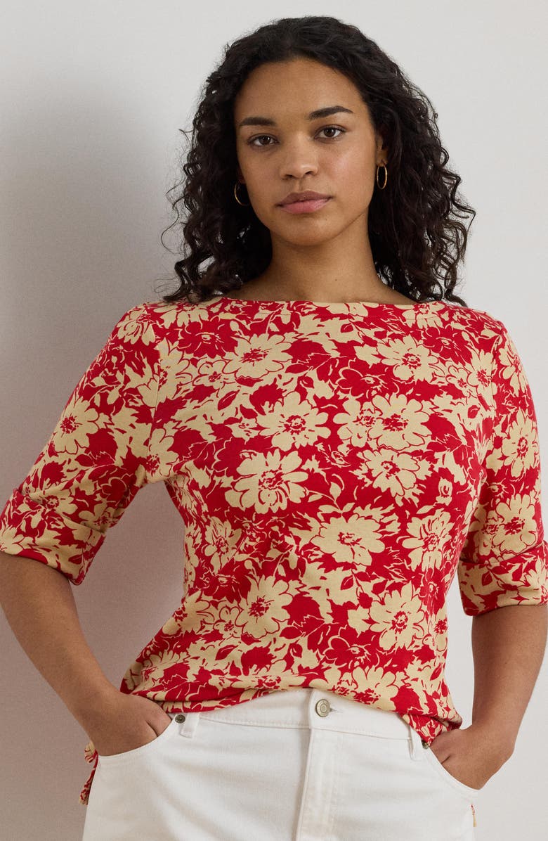Lauren Ralph Lauren Floral Stretch Knit Top, Alternate, color, Red/ Tan