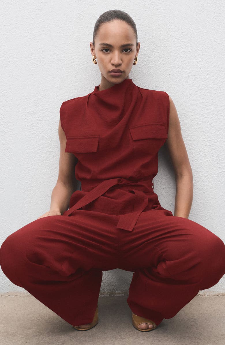 MANGO Tie Waist Drape Top, Alternate, color, Medium Red