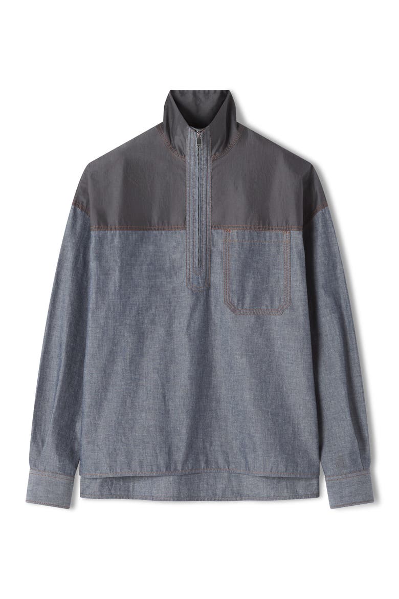 High Zip-Neck Chambray Top, Alternate, color, Navy Blue