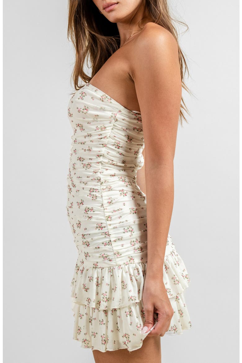 Floral Strapless Ruched Ruffle Hem Minidress, Alternate, color, IVORY