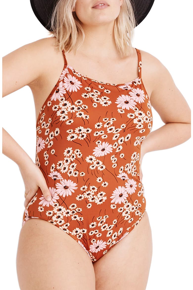 Second Wave Daisy Print One-Piece Swimsuit, Alternate, color, BURNT CLAY