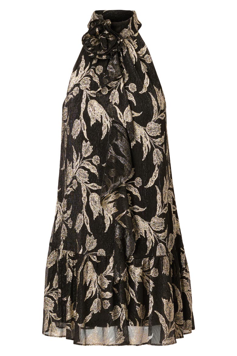 Foil Floral Trapeze Cocktail Dress, Alternate, color, BLACK/ GOLD