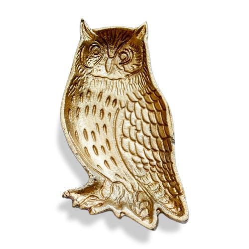 Tag Christmas Owl Cast Aluminum Trinket Dish Antique Brass 3.25x6.25x0.6 In Gold