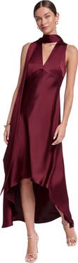 HALSTON Sleeveless Satin V-Neck Scarf Dress