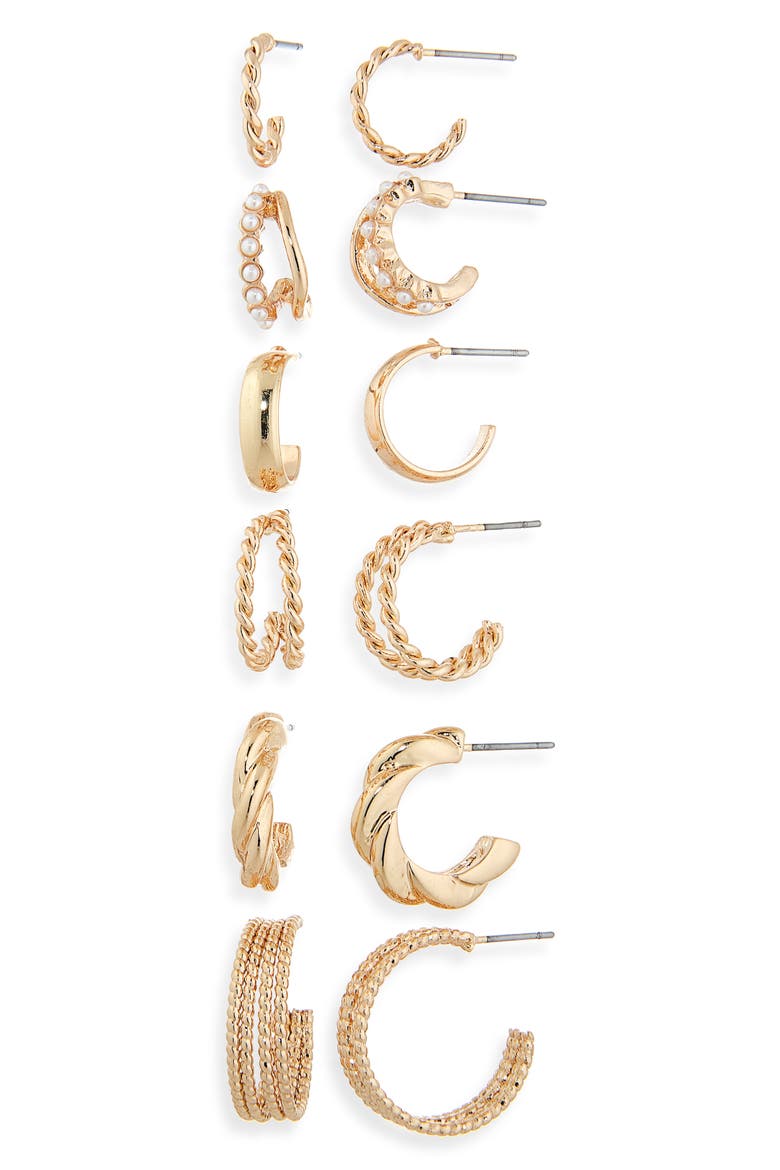 Set of 6 Huggie Hoop Earrings, Main, color, WHITE- GOLD