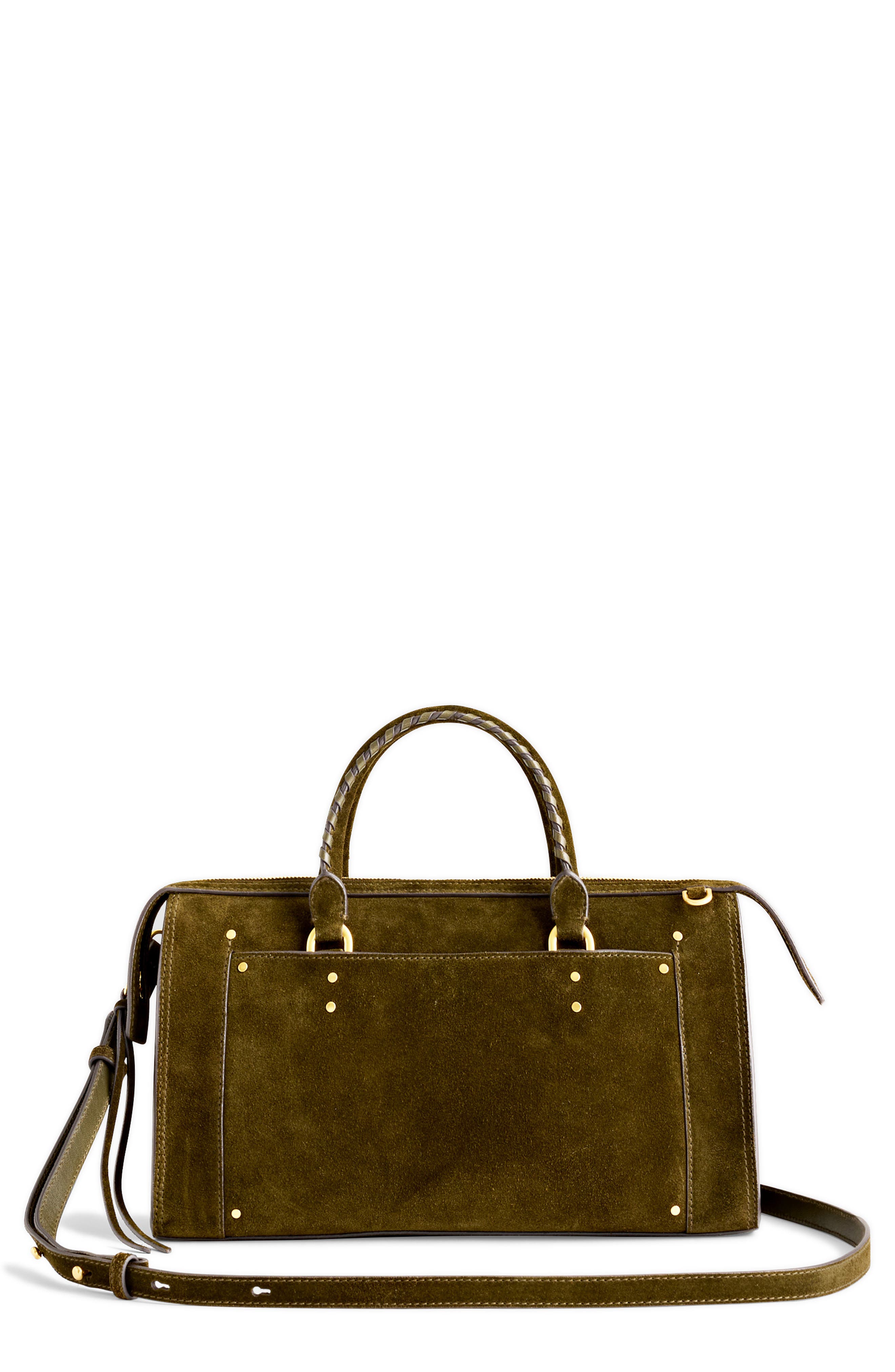 Large Studded Suede Satchel, Main, color, DRIED OLIVE