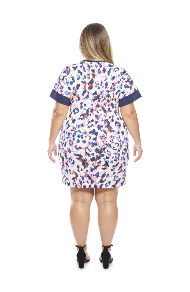 24seven Comfort Apparel Plus Size Abstract Short Sleeve Knee Length T-Shirt Dress, Alternate, color, White Multi