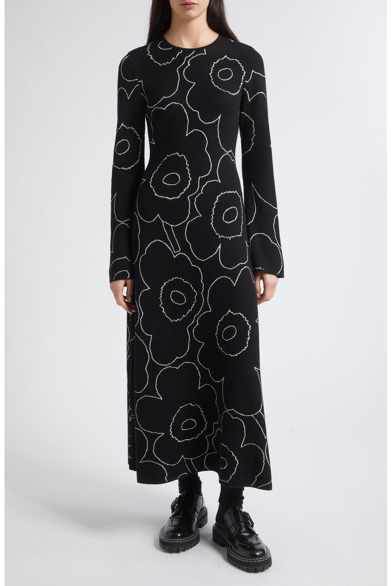 Takaisin Pirto Unikko Print Knit Wool & Cotton Blend Midi Dress, Main, color, BLACK OFF WHITE