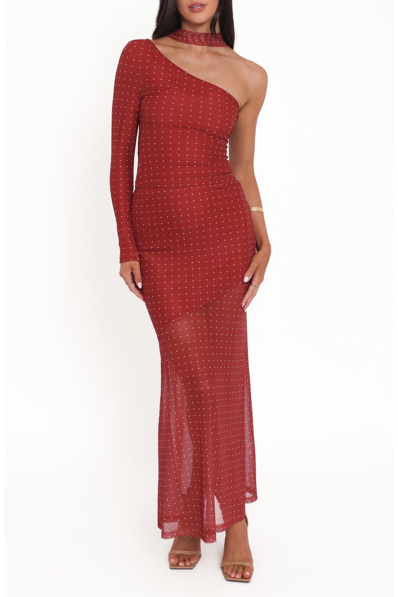 Hollie Polka Dot Scarf, One-Shoulder Mesh Top & Maxi Skirt Set, Main, color, RED POLKA DOT