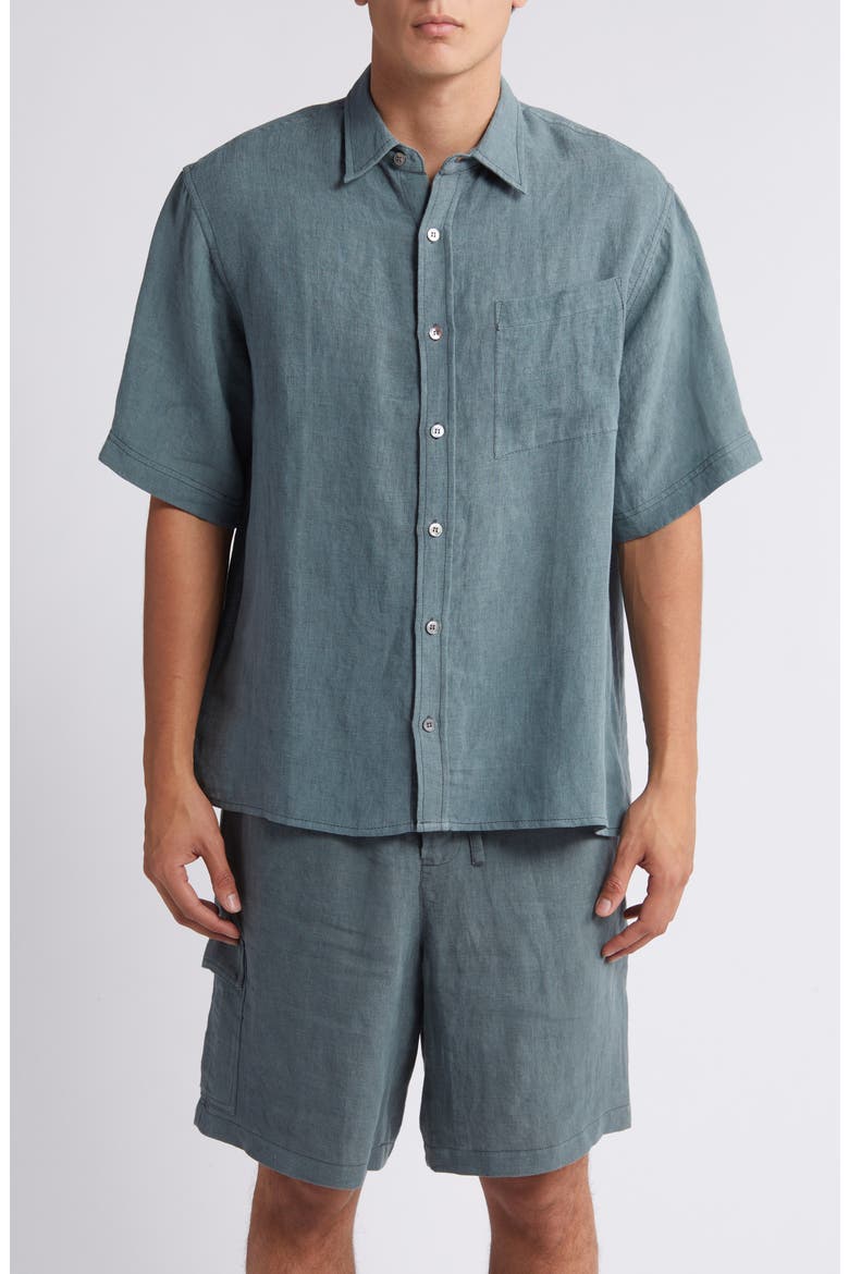 Linen Short Sleeve Button-Up Shirt, Main, color, BLACK