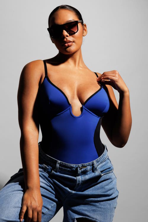 Shapellx Airslim Deep Plunge Thong Shaping Bodysuit In Midnight Blue