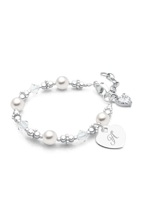 Sterling Silver Crystals 
Pearls 
Engraved Initial 5.25" Bracelet