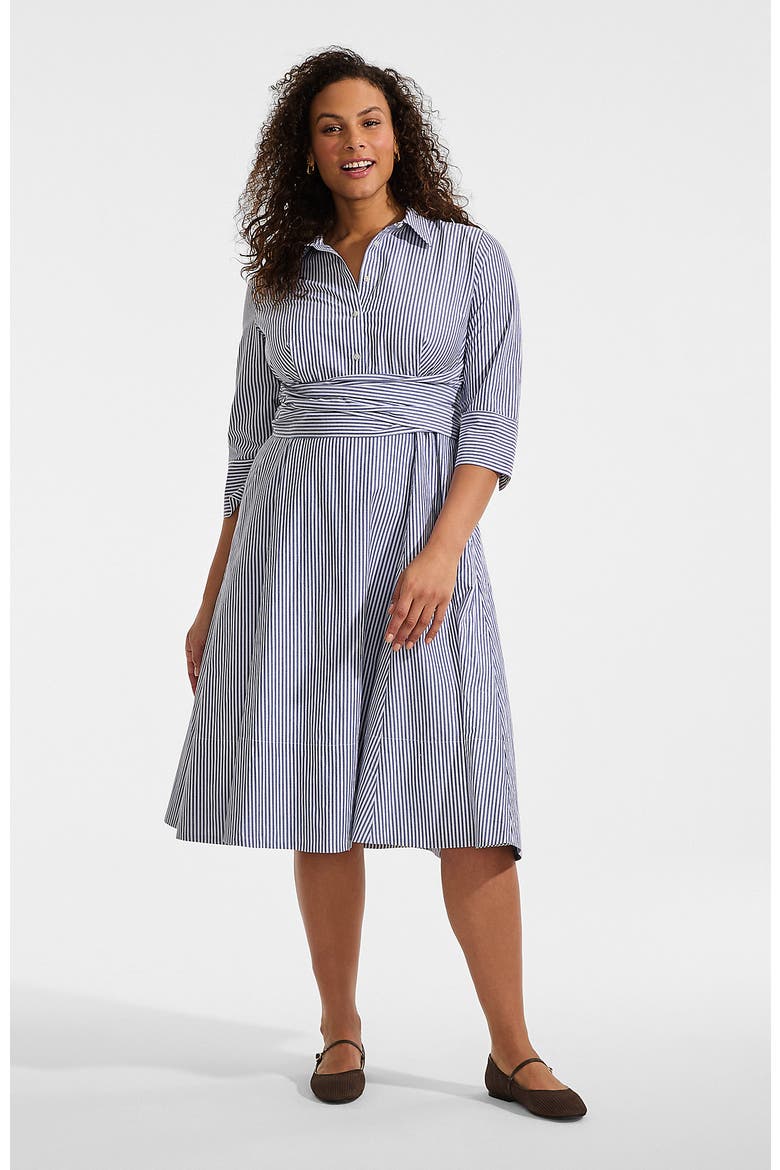 Plus Size Poplin Midi Wrap Front Dress, Main, color, Midnight Sky Pinstripe