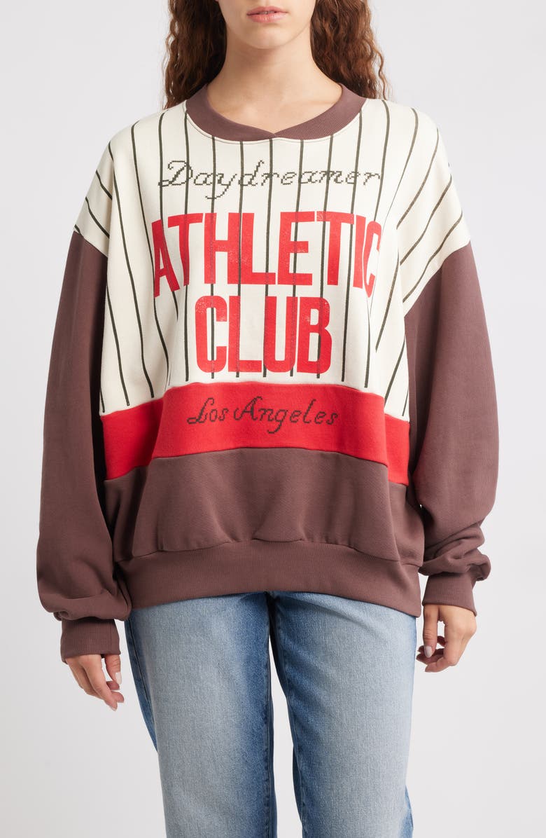 Daydreamer Athletic Club Colorblock Cotton Graphic Sweatshirt, Main, color, Brown Combo