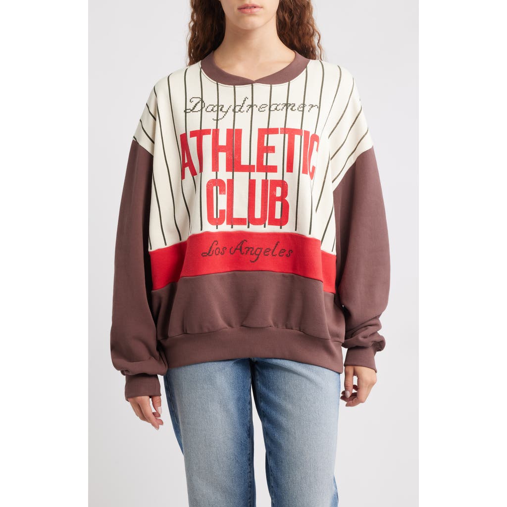 Daydreamer Athletic Club Colorblock Cotton Graphic Sweatshirt In Brown