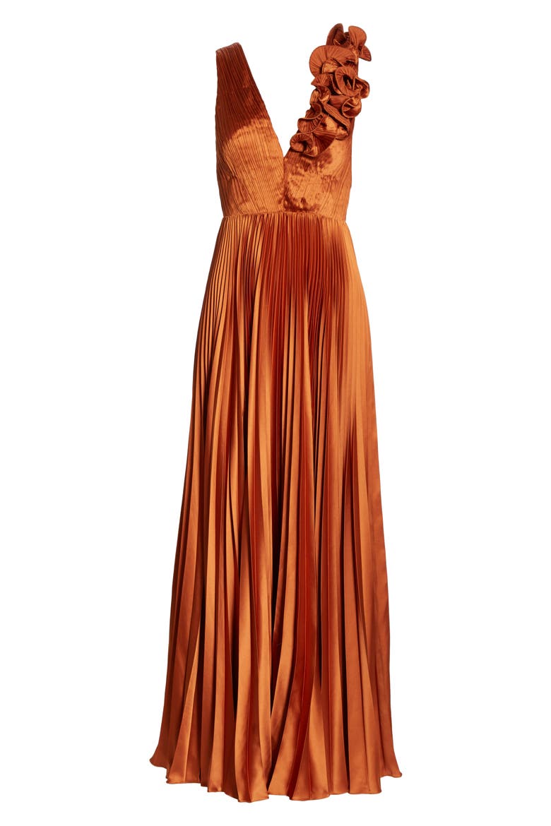 Aviva Pleated Satin Maxi Dress, Alternate, color, COPPER
