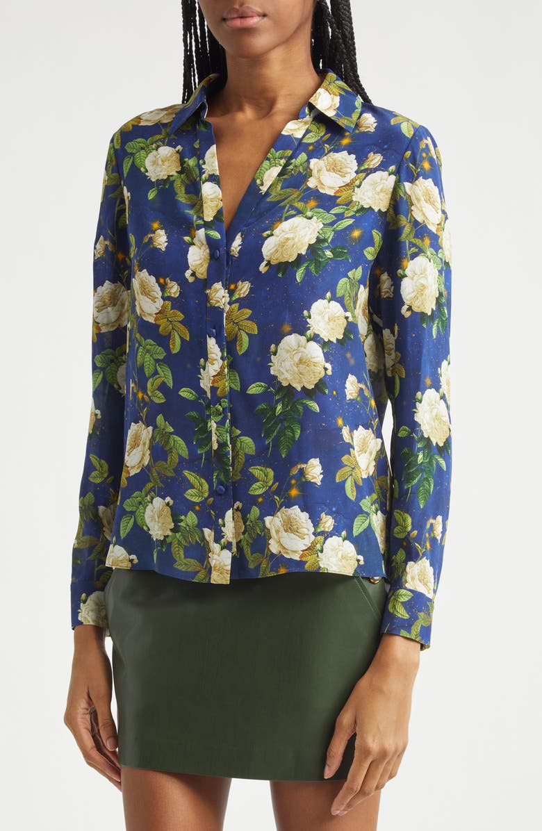 Alice + Olivia Eloise Floral Silk Button-Up Shirt, Alternate, color, Twilight Eden