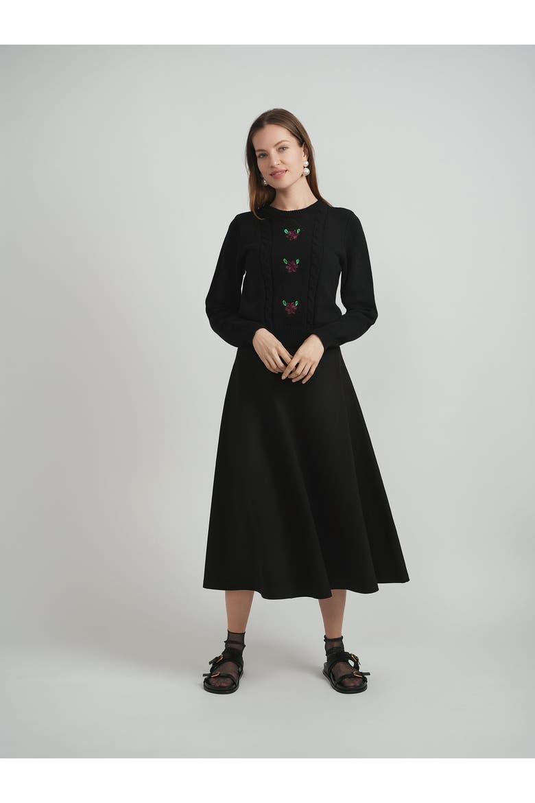 Cable Knit Sweater with Center Front Embroidery, Alternate, color, Black
