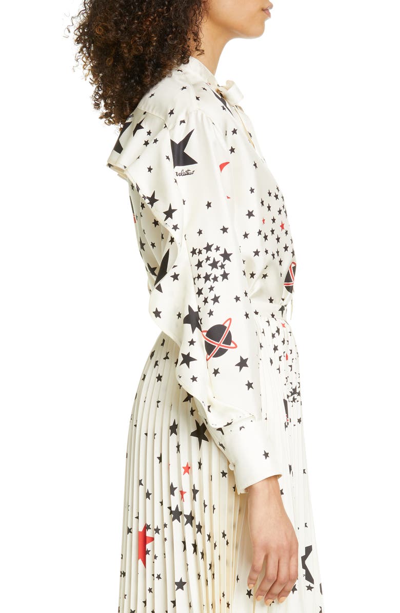 Valentino Ruffle Detail Cosmo Print Silk Blouse, Alternate, color, 