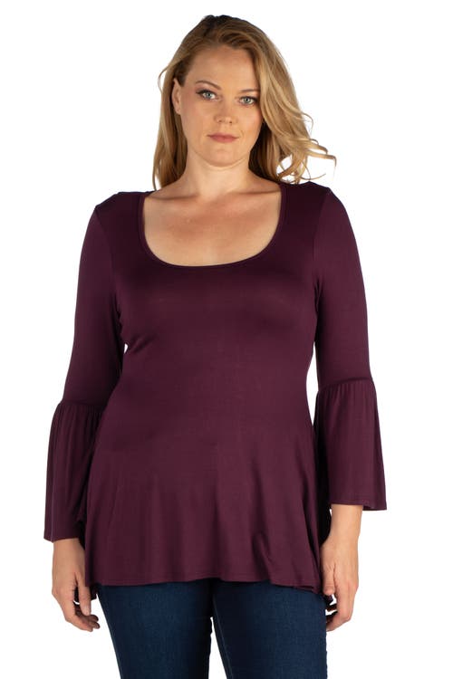 24seven Comfort Apparel Plus Size Long Bell Sleeve Flared Tunic Top In Purple