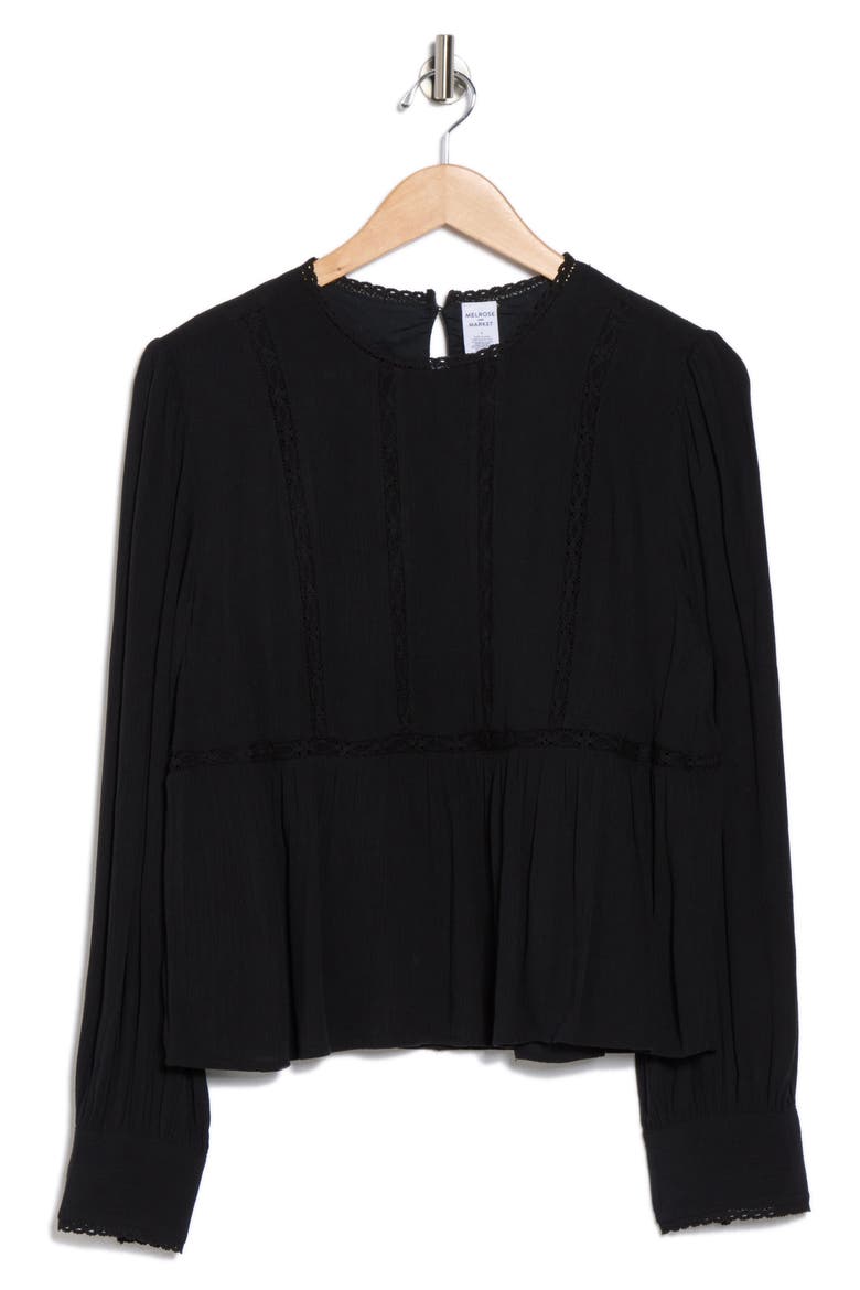 Lace Trim Long Sleeve Peplum Top, Alternate, color, BLACK