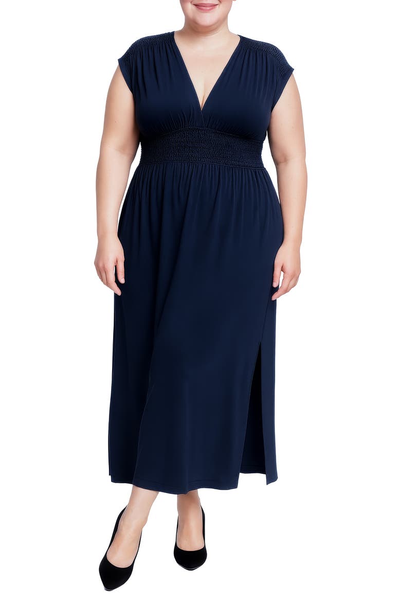 V-Neck Smocked Waist Midi Dress, Alternate, color, NAVY