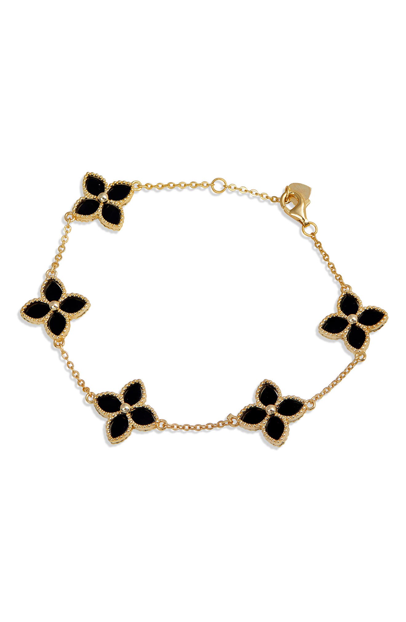 SAVVY CIE JEWELS Yellow Gold Vermeil Onyx Flower Station Bracelet