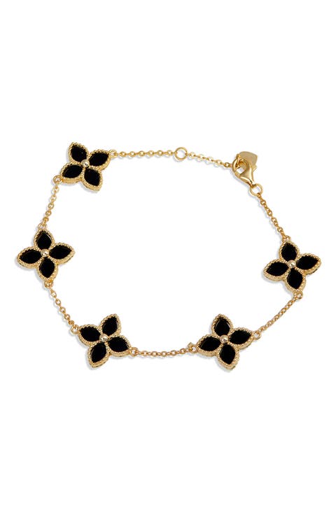Yellow Gold Vermeil Onyx Flower Station Bracelet