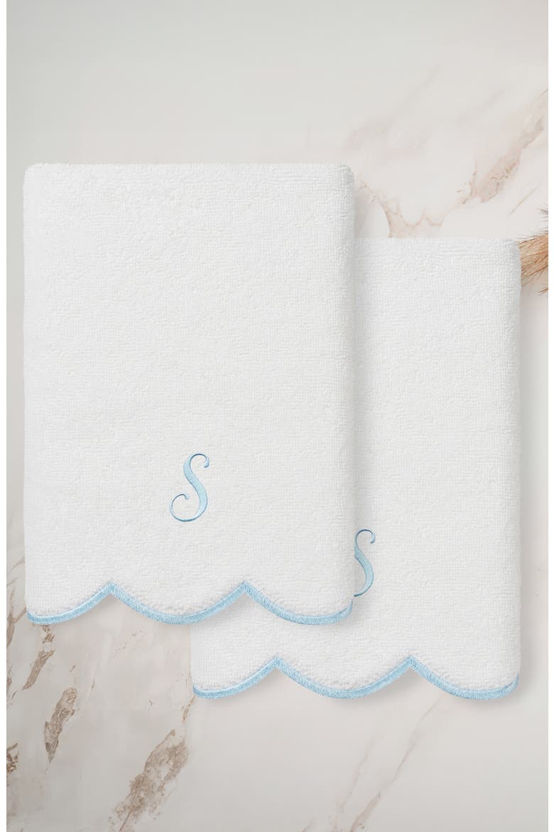 Scallop Personalized Monogram 2-Piece Hand Towel Set, Alternate, color, WHITE/ BLUE S