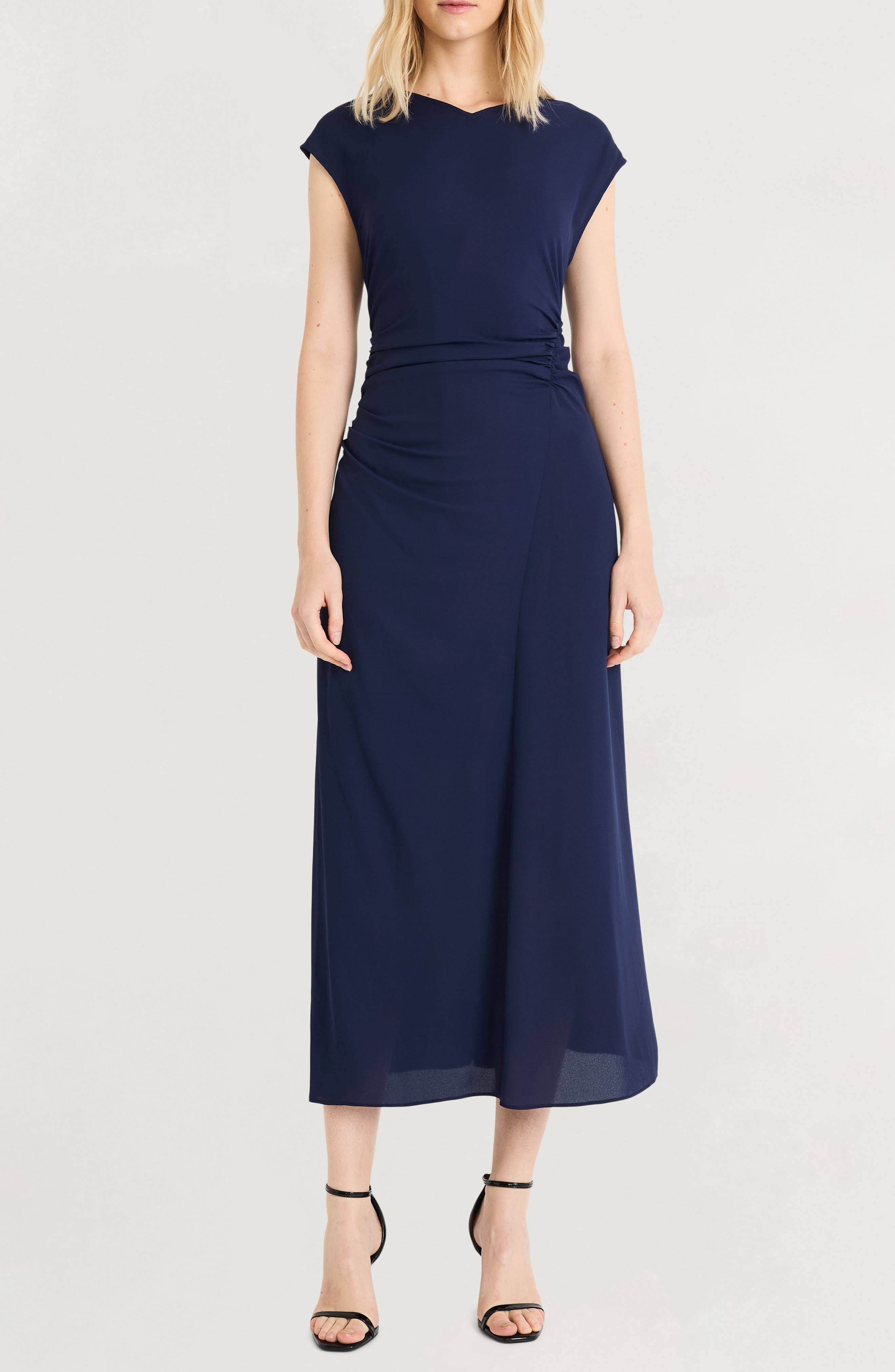 Luxely Ruched Midi Dress in Evening Blue 
