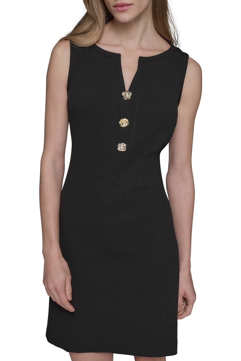 Flower Button Scuba Crepe Sheath Dress, Main, color, BLACK