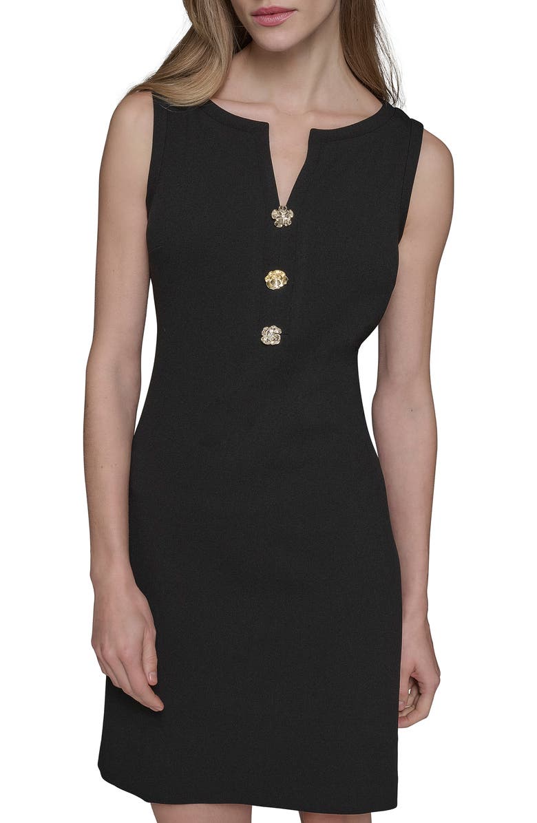 KARL LAGERFELD Flower Button Scuba Crepe Sheath Dress, Main, color, Black