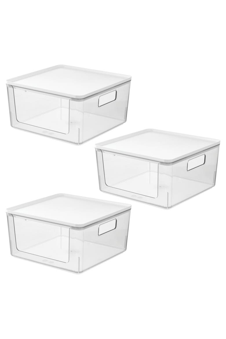Stackable Open-Front Bins with Lid, Set of 3, Clear/White, Main, color, Clear