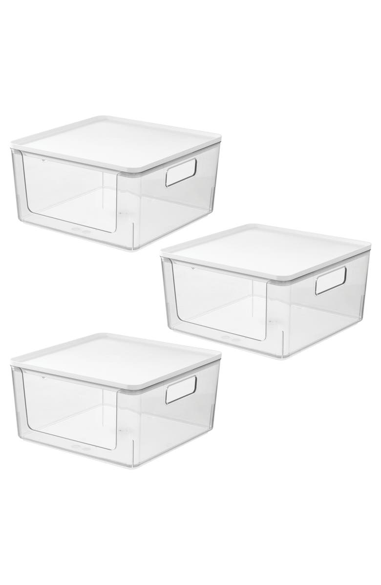 iDesign Stackable Open-Front Bins with Lid, Set of 3, Clear/White, Main, color, Clear