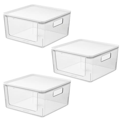 Stackable Open-Front Bins with Lid, Set of 3, Clear/White