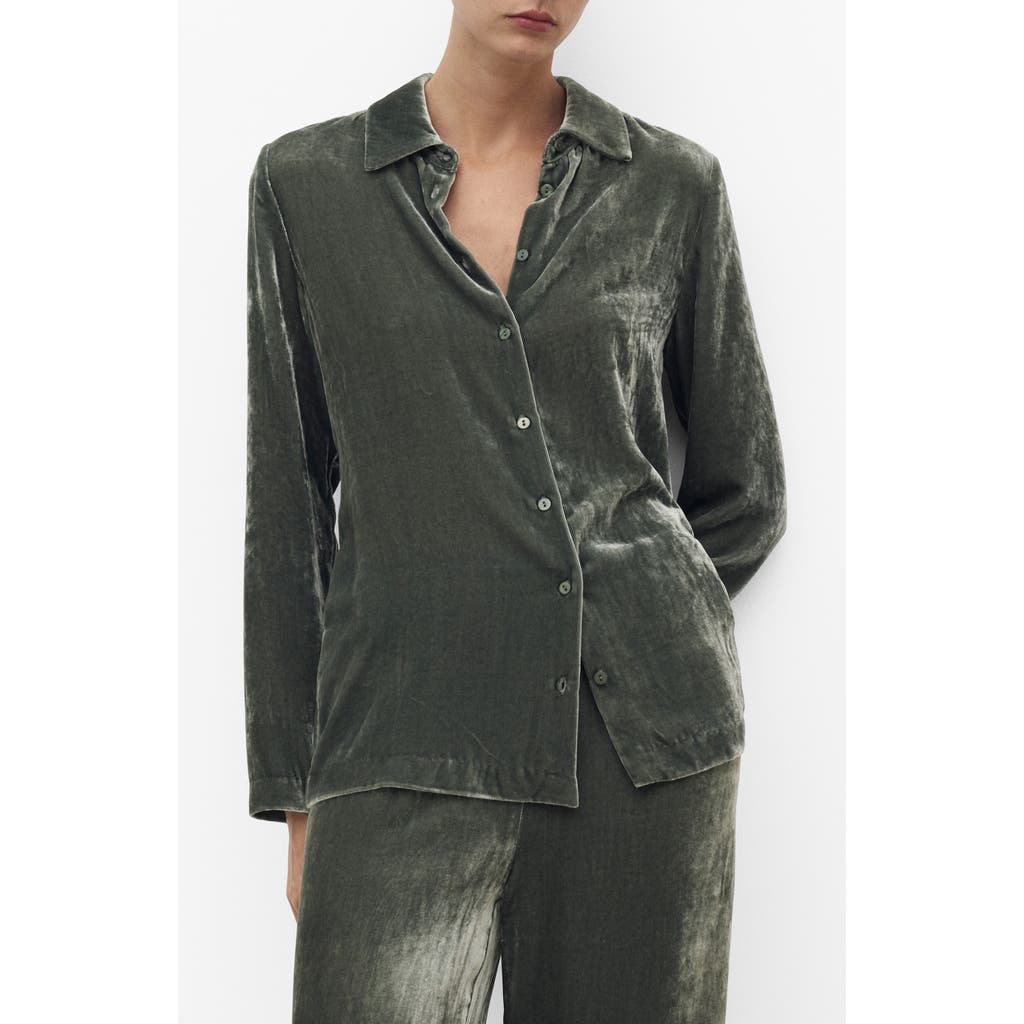 Mango Velvet Button-up Shirt In Green