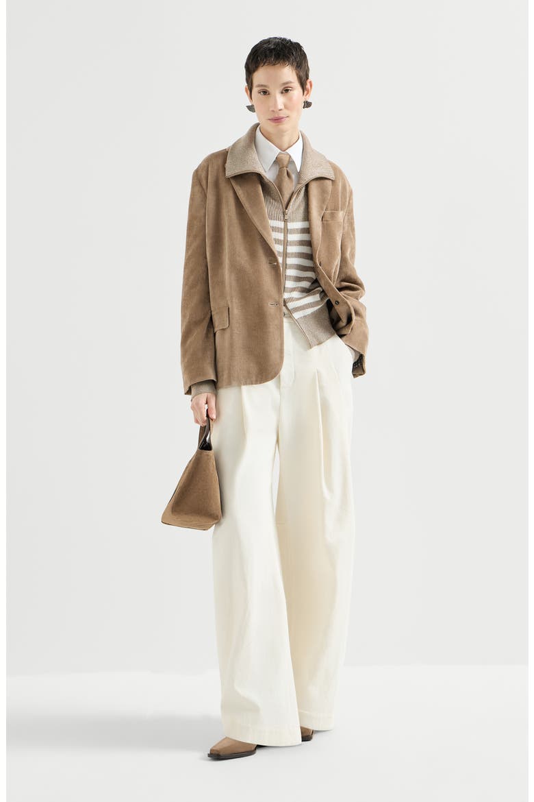 Sparkling cotton striped English rib cardigan with zipper and monili, Alternate, color, Beige