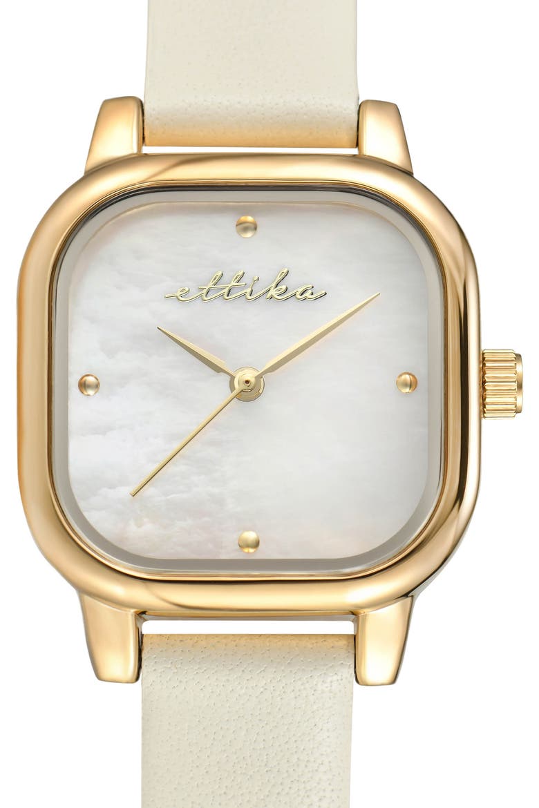 Classic Square Mother-of-Pearl Leather Strap Watch, Alternate, color, BONE