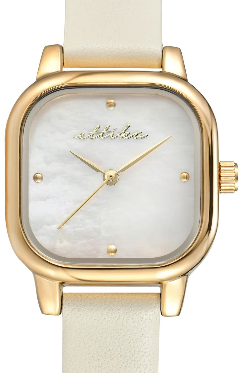 Ettika Classic Square Mother-of-Pearl Leather Strap Watch, Alternate, color, Bone