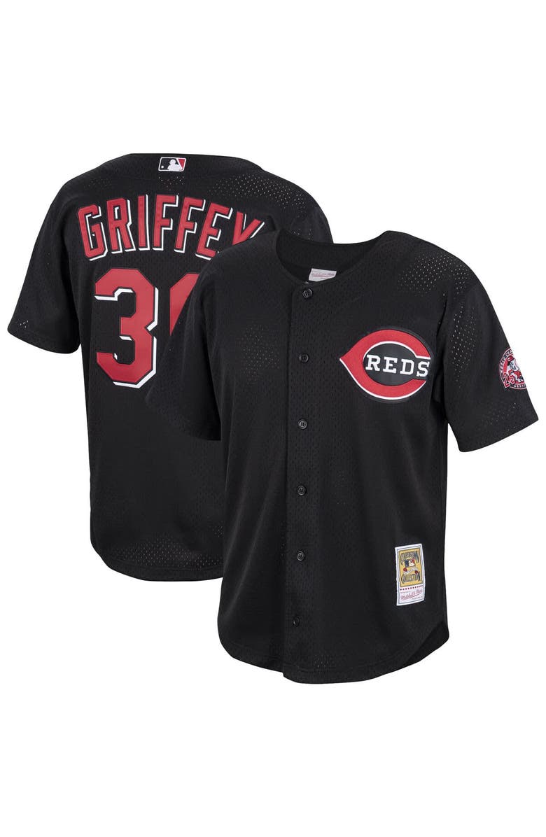Mitchell & Ness Men's Mitchell & Ness Ken Griffey Jr. Black Cincinnati Reds Cooperstown Collection Mesh Batting Practice Button-Up Jersey, Main, color, 