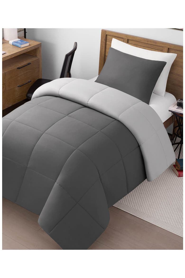 Reversible Box Stitch Comforter & Sham Set, Alternate, color, DARK GRAY/ LIGHT GRAY