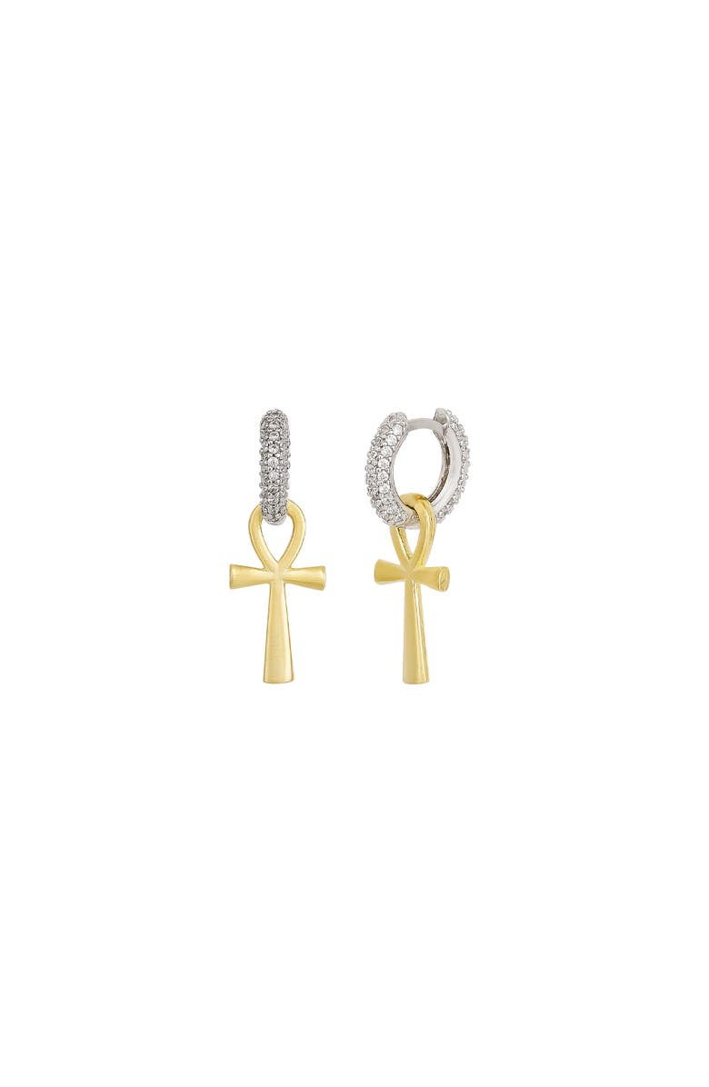 Spero London Sterling Silver Egyptian Ankh Zirconia Hoop Earring, Main, color, Gold