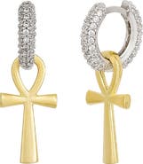 Spero London Sterling Silver Egyptian Ankh Zirconia Hoop Earring