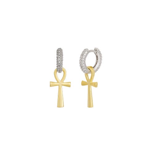 Spero London Sterling Silver Egyptian Ankh Zirconia Hoop Earring In Gold