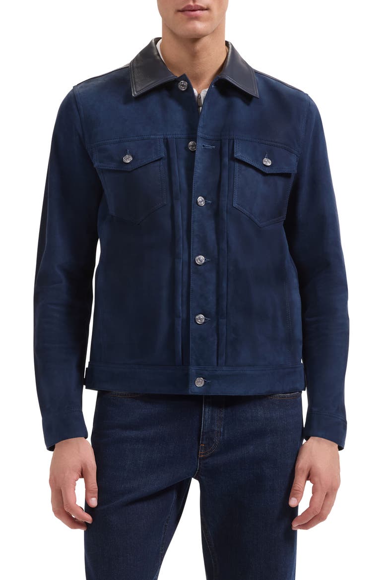 Hybrid Leather Trucker Jacket, Main, color, NAVY