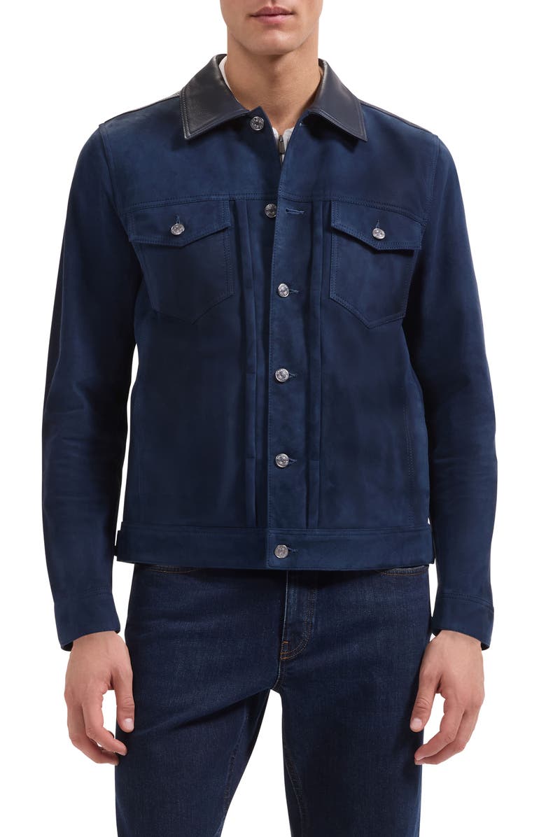 Bugatchi Hybrid Leather Trucker Jacket, Main, color, Navy